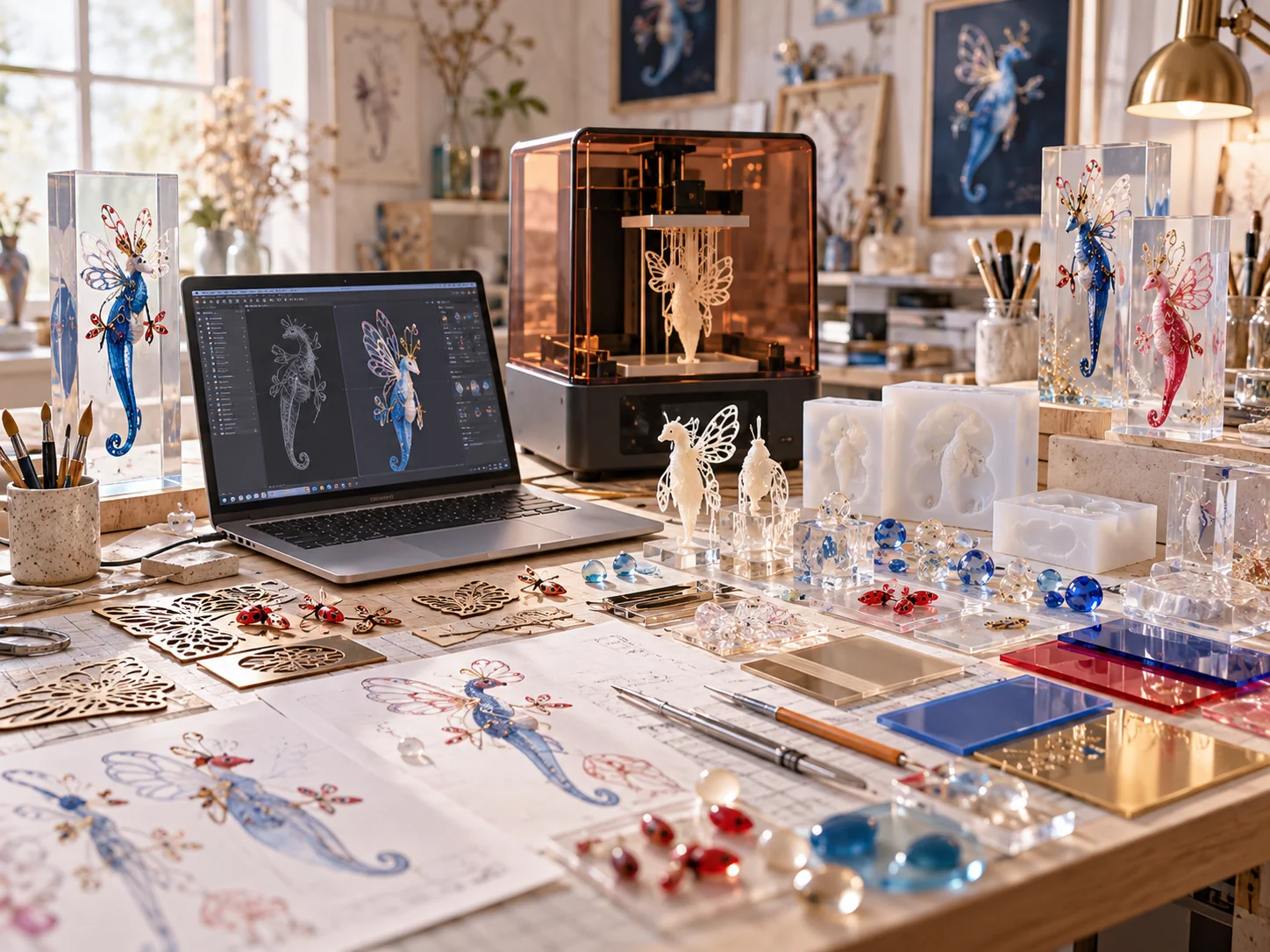 Dessins, pièces en résine et outils sur une table de travail