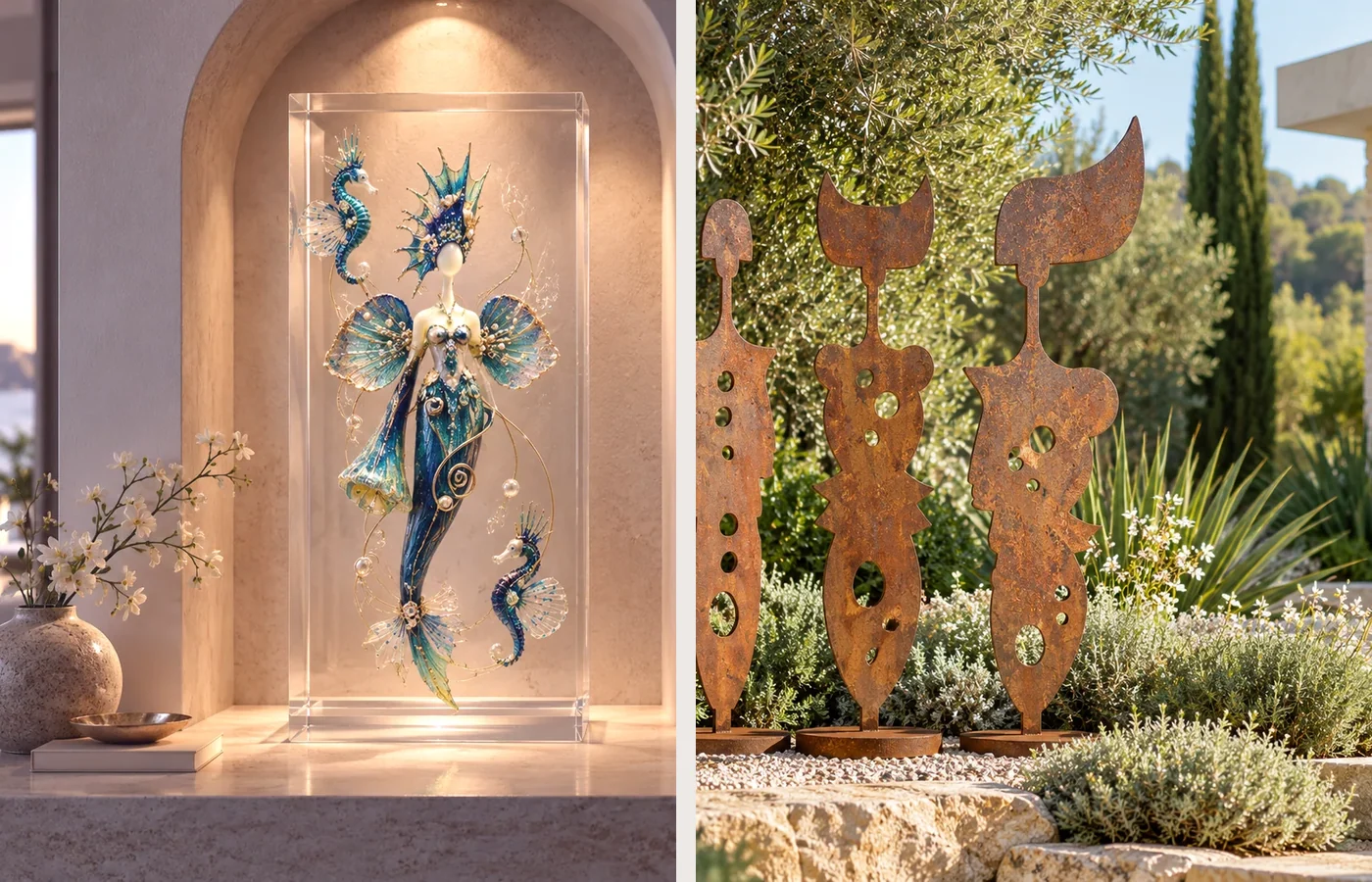 Niche intérieure et sculptures en acier patiné dans un jardin