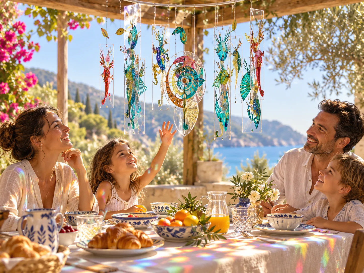 Famille prenant le petit-déjeuner sous une tonnelle avec des mobiles transparents colorés