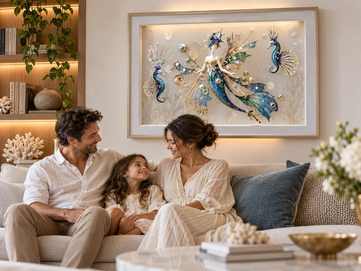Famille réunie sur un canapé sous un tableau représentant un univers marin