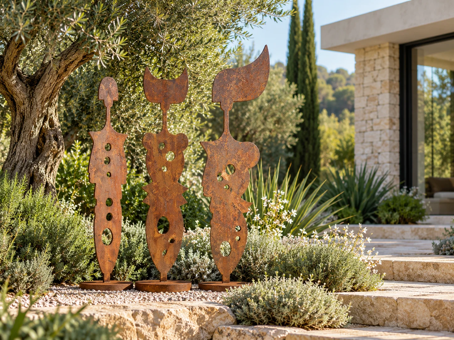 Trois silhouettes de métal patiné au milieu d’un jardin méditerranéen