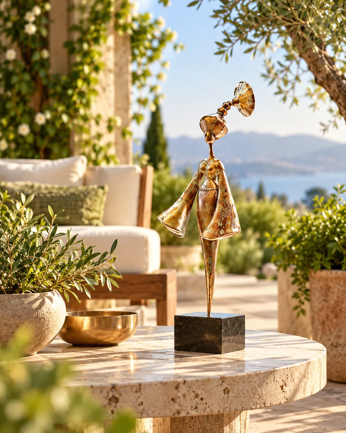 Petite sculpture de métal dans un patio ensoleillé