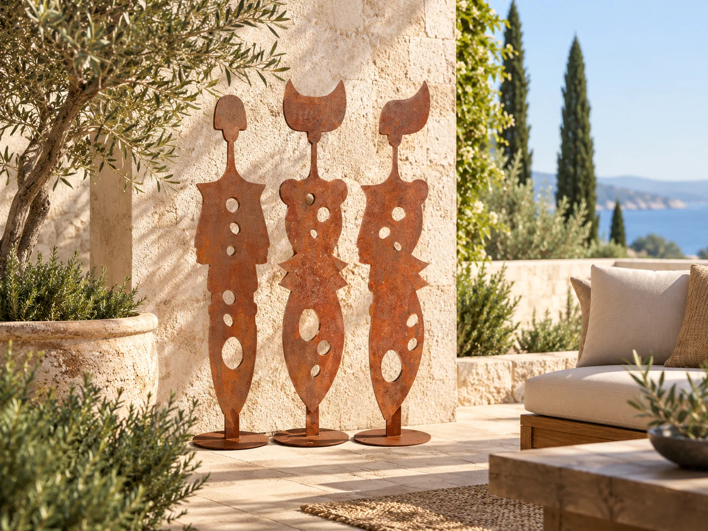 Trois sculptures de métal rouillé sur une terrasse verdoyante