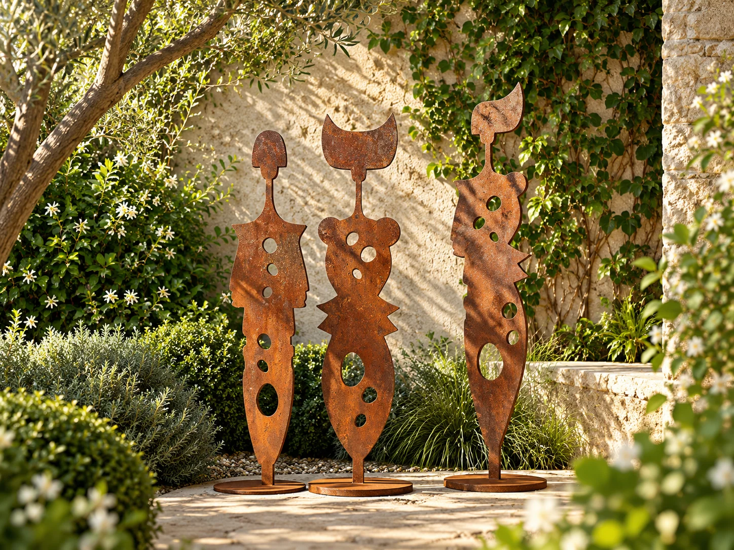 Trio de sculptures en acier patiné dans un jardin végétalisé