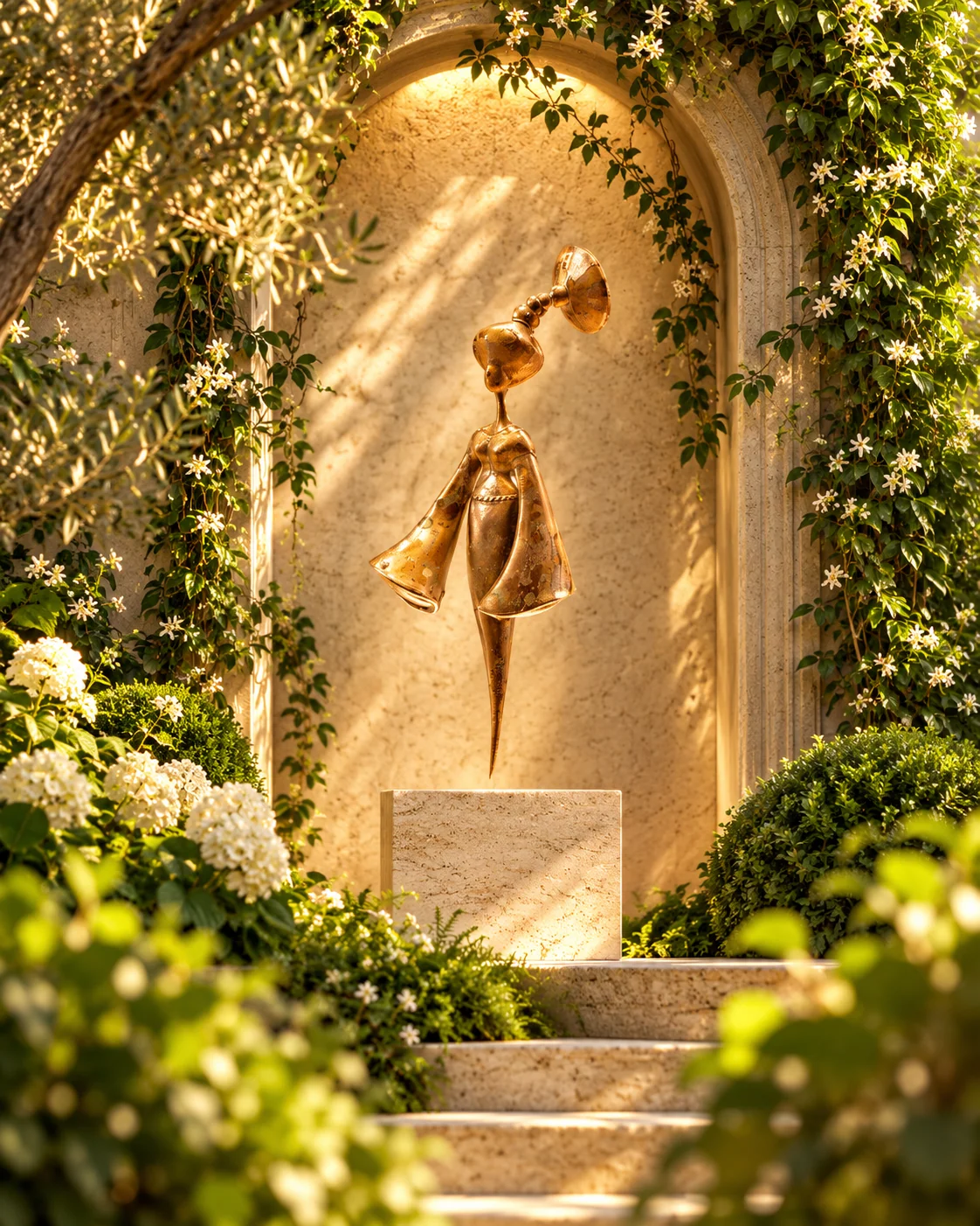 Sculpture dans une alcôve extérieure entourée de plantes luxuriantes
