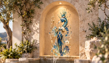 Sculpture marine bleue dans une niche extérieure de pierre avec une fontaine