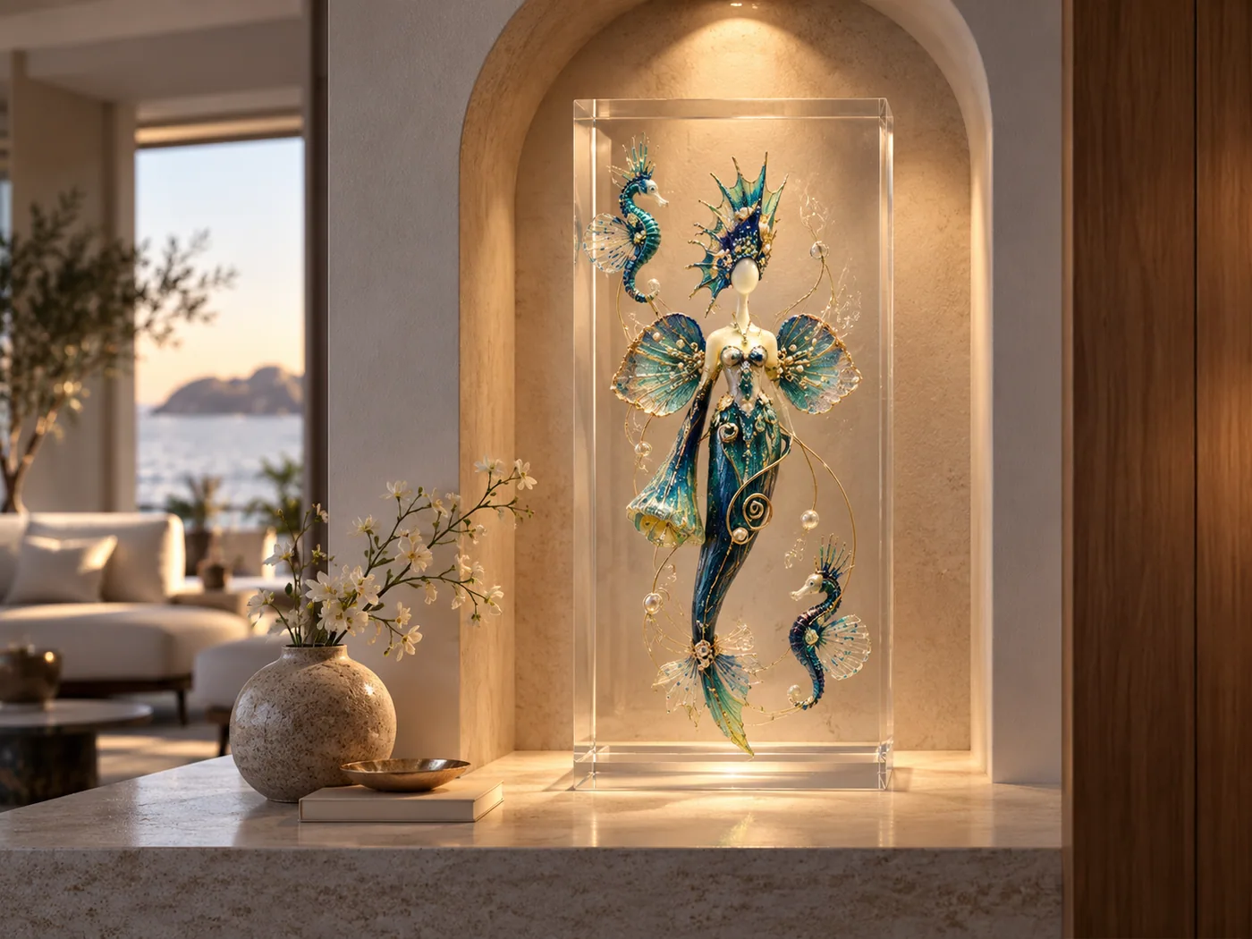 Sculpture inspirée du monde sous-marin dans une niche architecturale