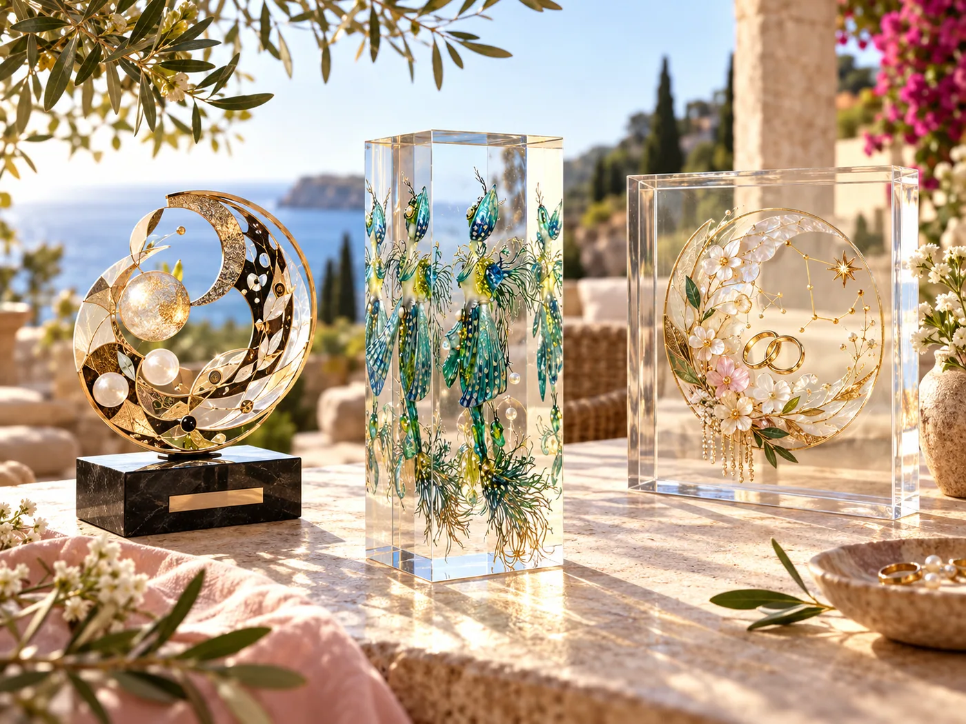 Objets translucides disposés au soleil sur une terrasse