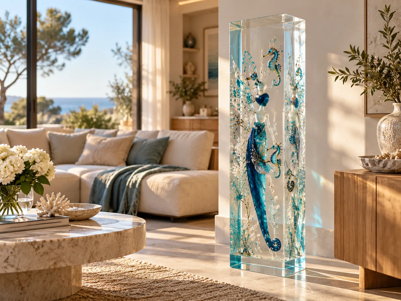 Sculpture marine monumentale dans un salon côtier