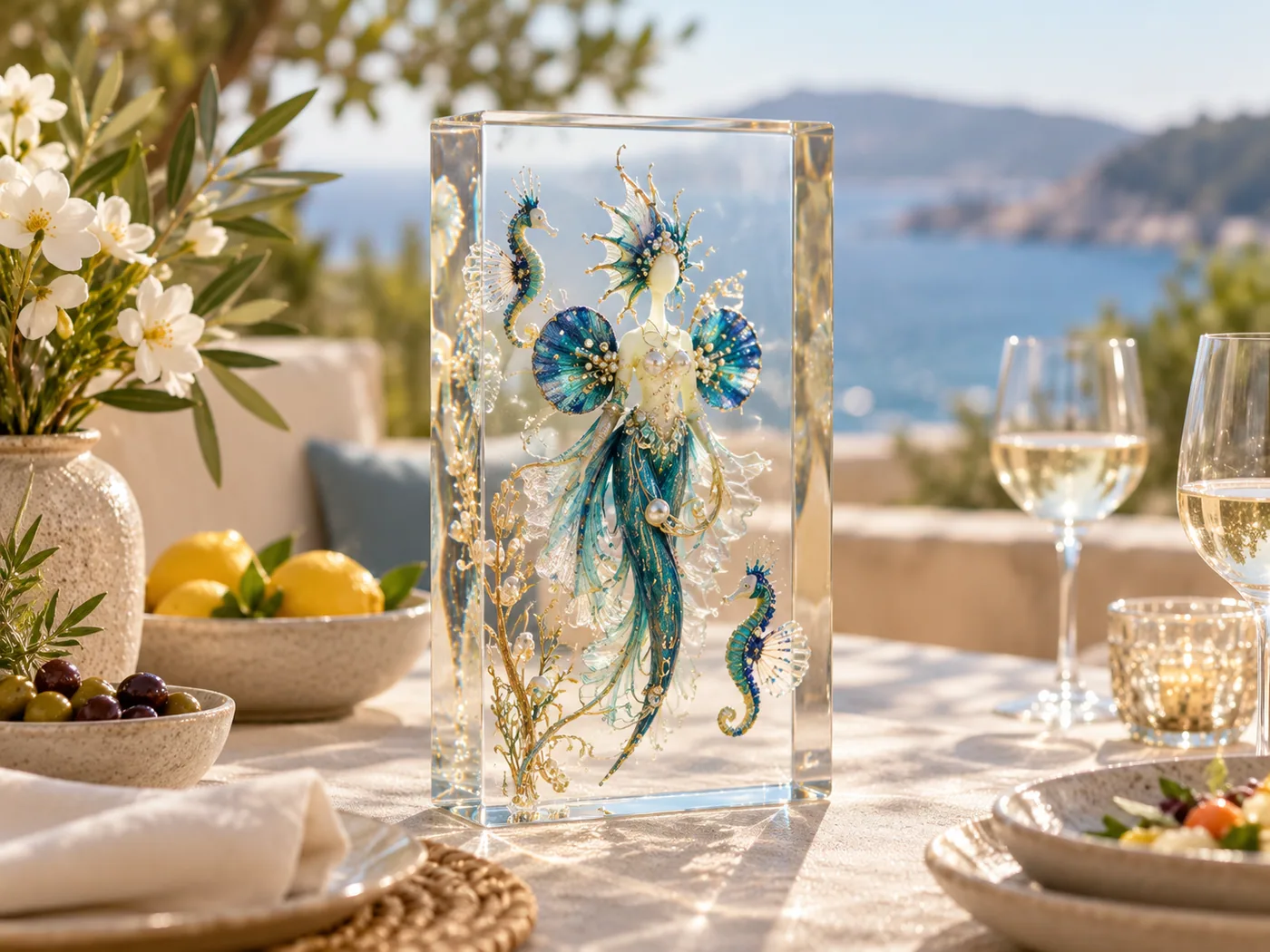 Œuvre de résine transparente sur une table extérieure
